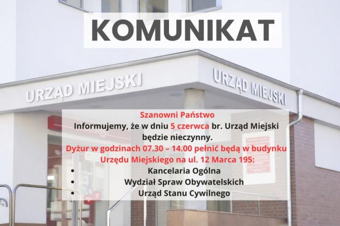 Urząd Miejski 5 czerwca będzie nieczynny